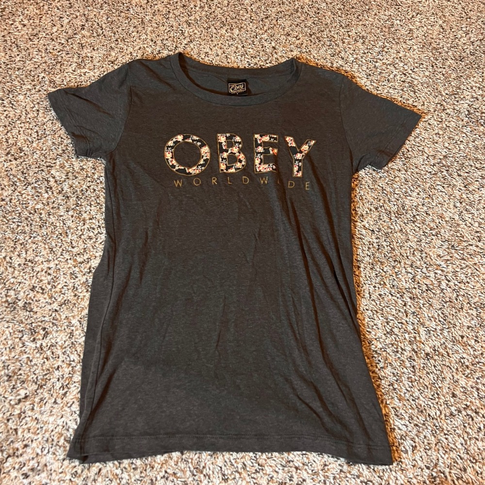 Obey Worldwide Floral Graphic‎ T-Shirt Women's Gray Made in USA